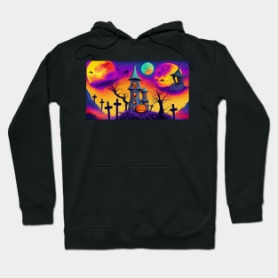 Haunted Castle in the Middle of a Cemetery with Pumpkins and Jack-o'-lanterns Hoodie